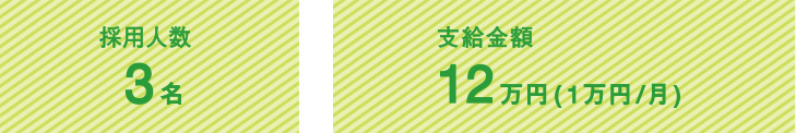 採用人数3名　支給金額12万円（1万円/月）