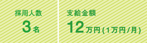 採用人数3名　支給金額12万円（1万円/月）